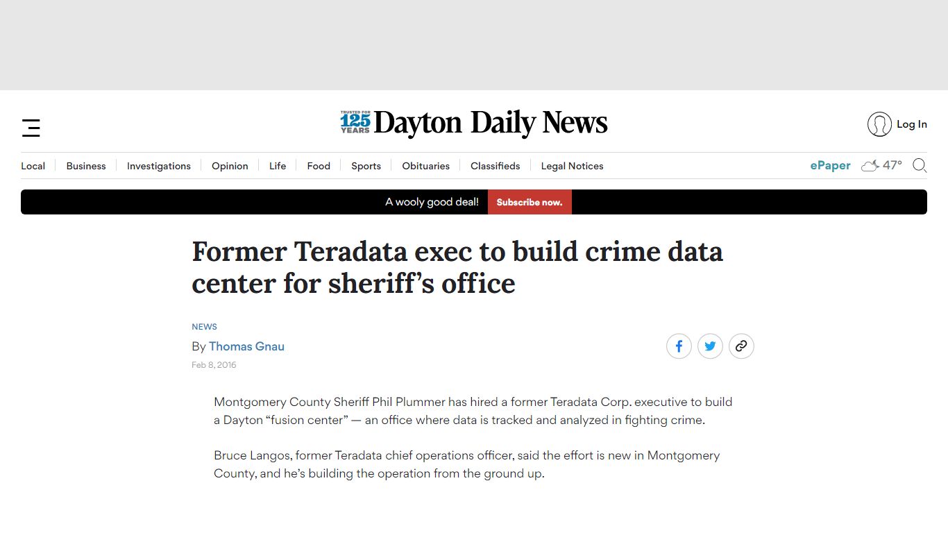Former Teradata exec to build crime data center for sheriff’s...